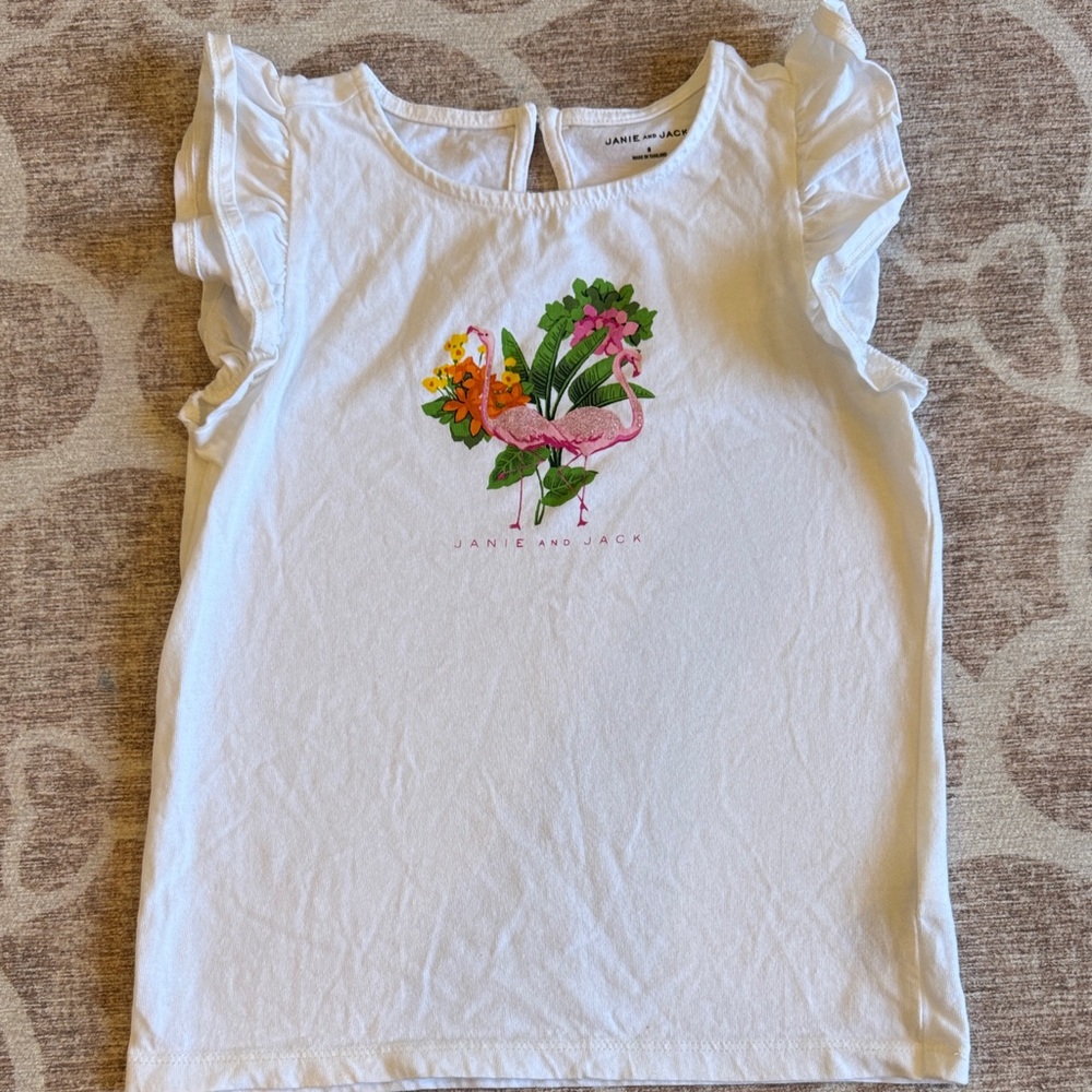 Janie and Jack White Tee with Flamingo and Floral Design size 8